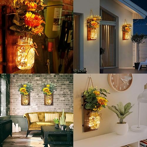 Miniatura 6 de OurWarm Juego de dos apliques de pared de girasol, apliques de tarro de masón, decoración de pared de granja viene con control remoto y luces LED de