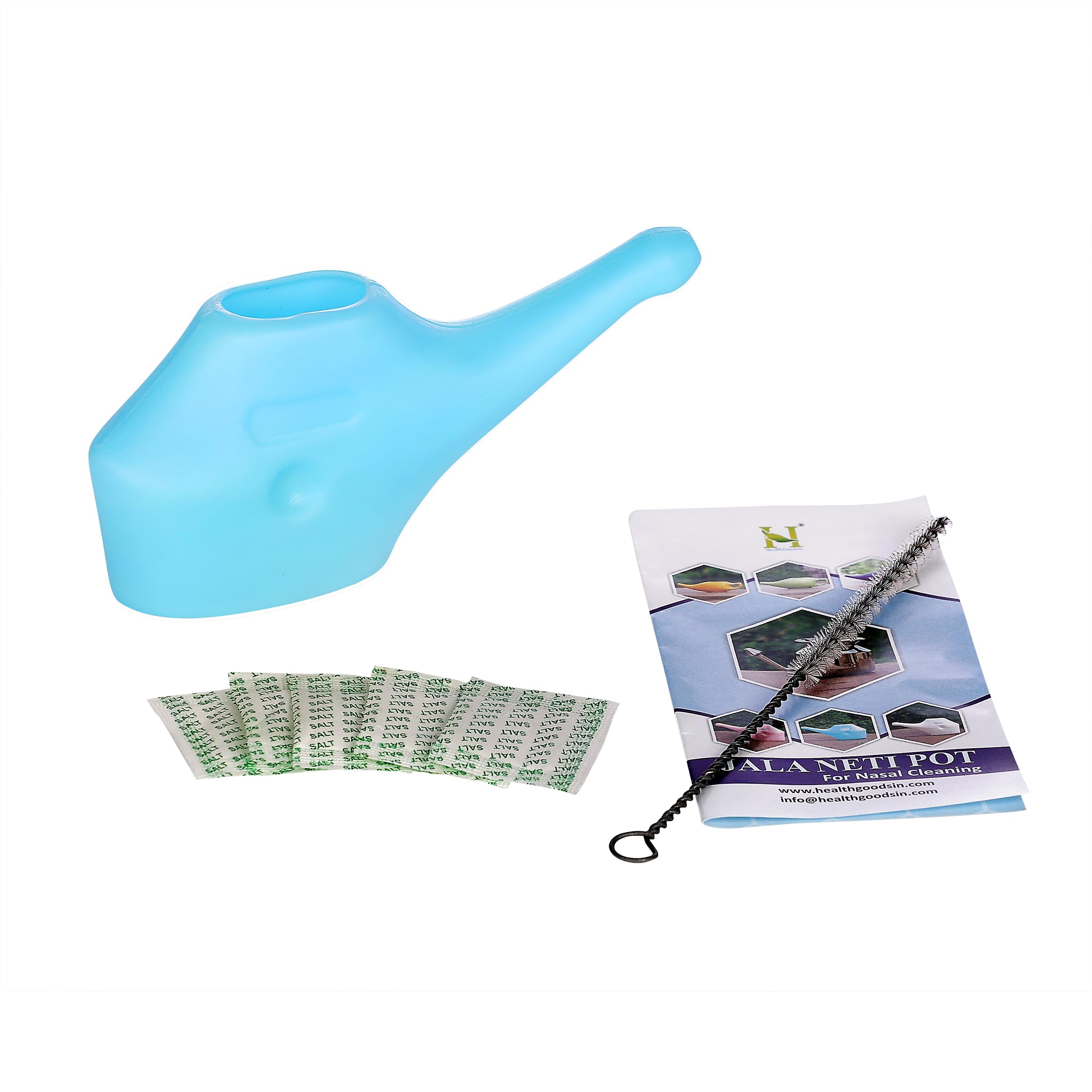 HealthGoodsIn Traveller's Durable Neti Pot for Nasal Cleansing with 5 Sachets Neti Salt + 2 Silicone Conical Tip + 1 Cleaning Brush (Sky Blue)