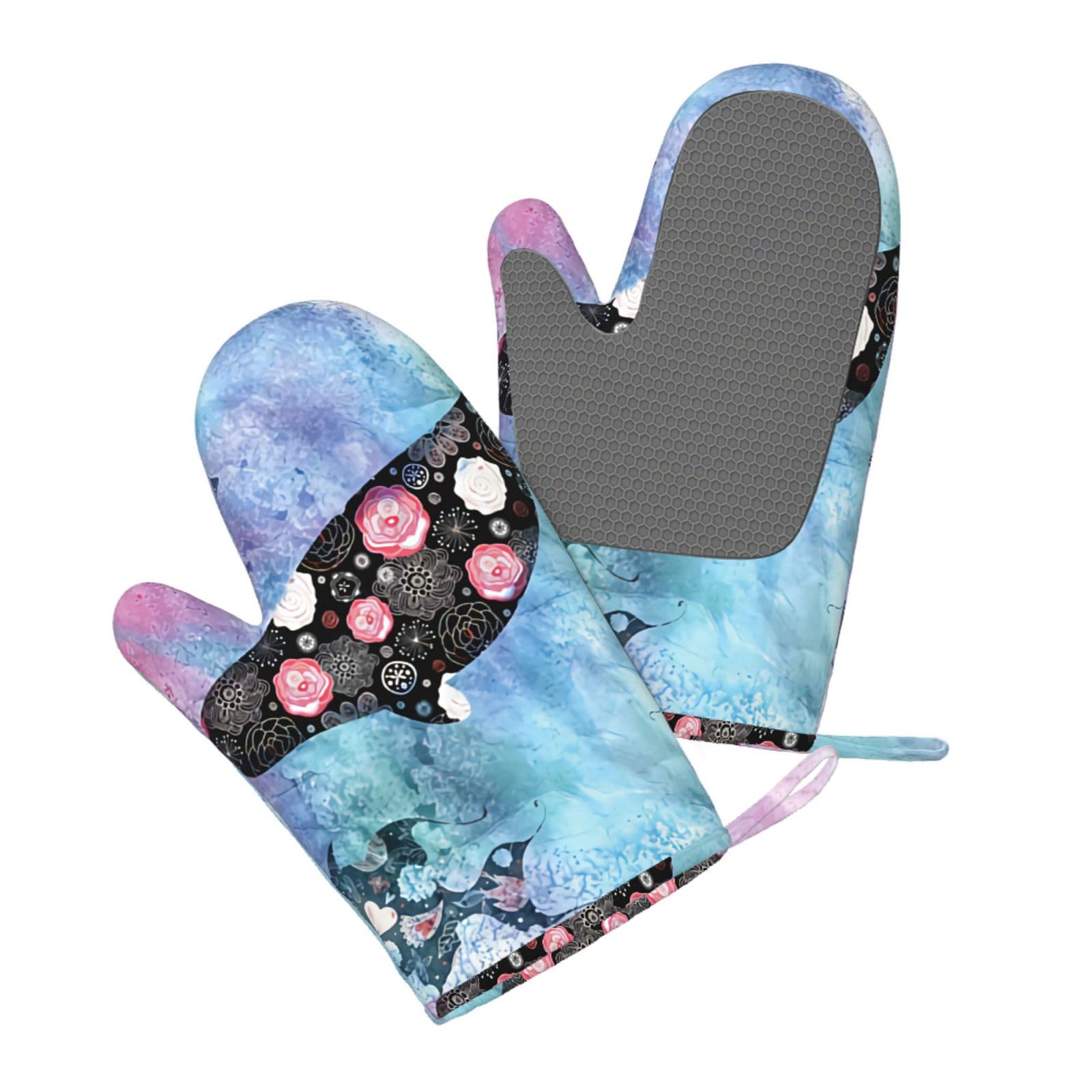 Silicone Oven Mitts Set 2PCS, Whale Printed Heat Resistant Non-Slip Silicone Oven Gloves for Kitchen Cooking Baking Microwave