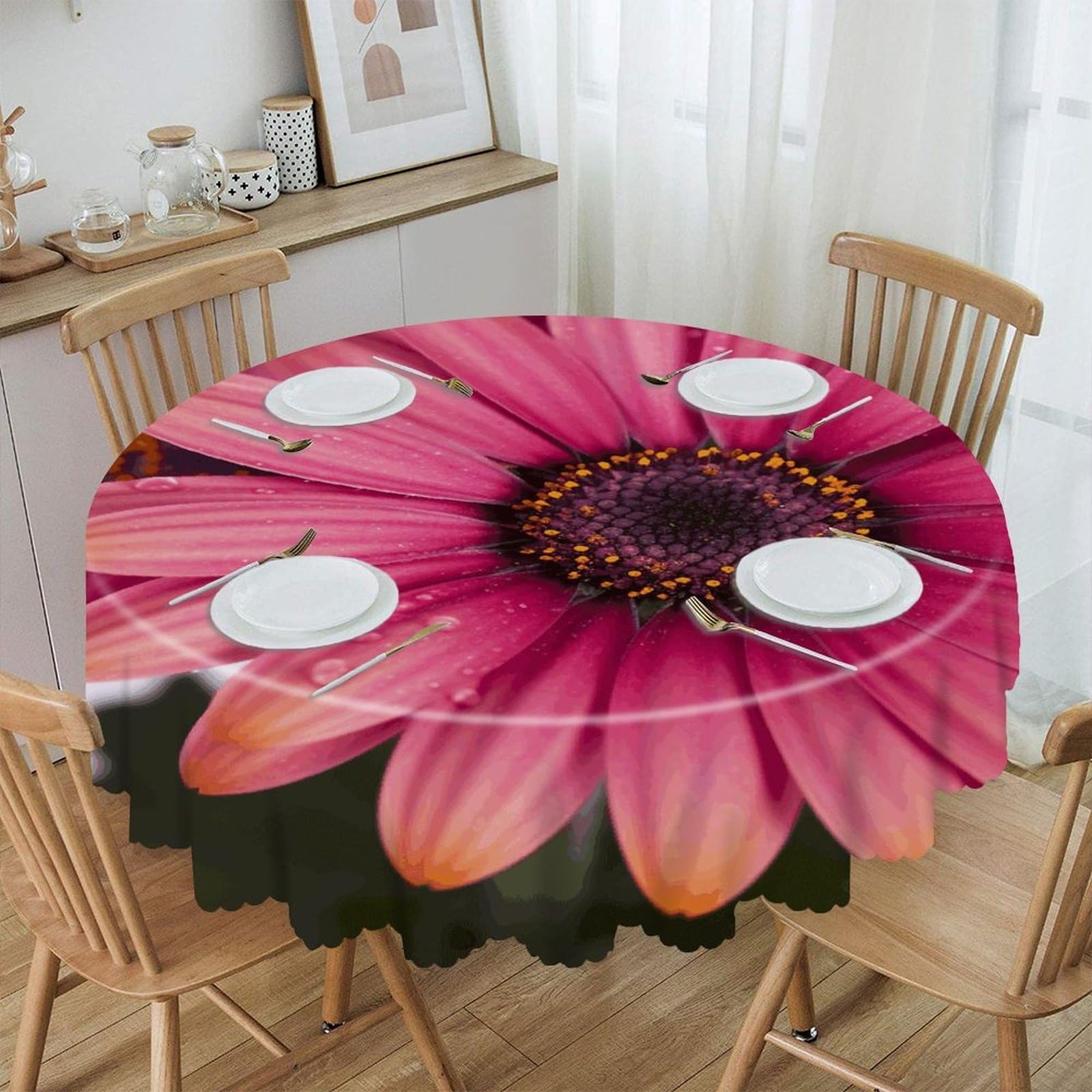 FekiLoot Pink Daisy Flower Round Tablecloth 60 Inch Waterproof Heavy Duty Table Cloth Spillproof Washable Table Cover Wrinkle Resistant Tablecloths Decorative Table Cloths