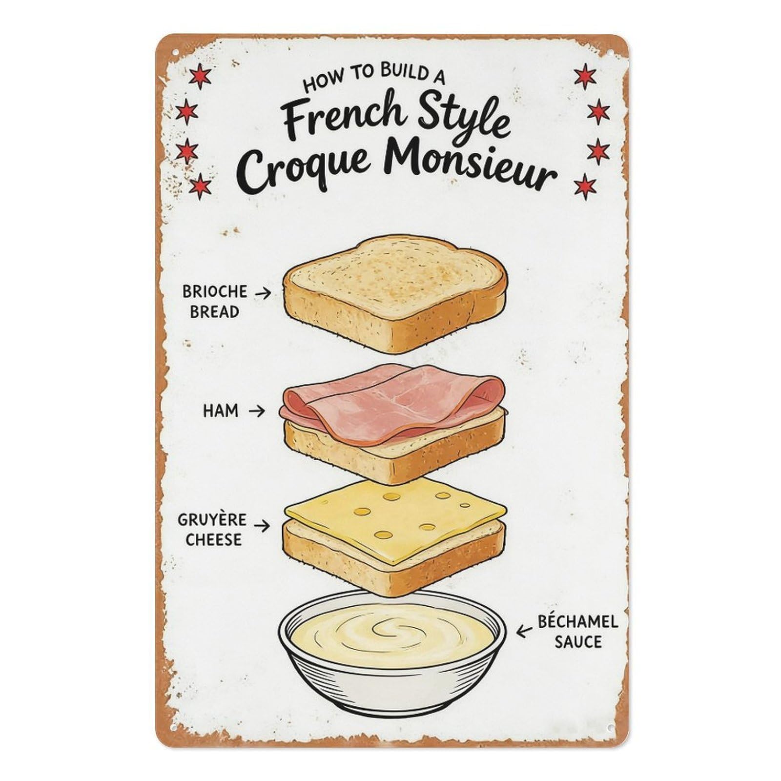 peiyeety French Croque Monsieur Metal Tin Sign – 8x12 Inch Brioche, Ham & Cheese Illustration, Vintage Kitchen Wall Decor Plaque for Home Gift