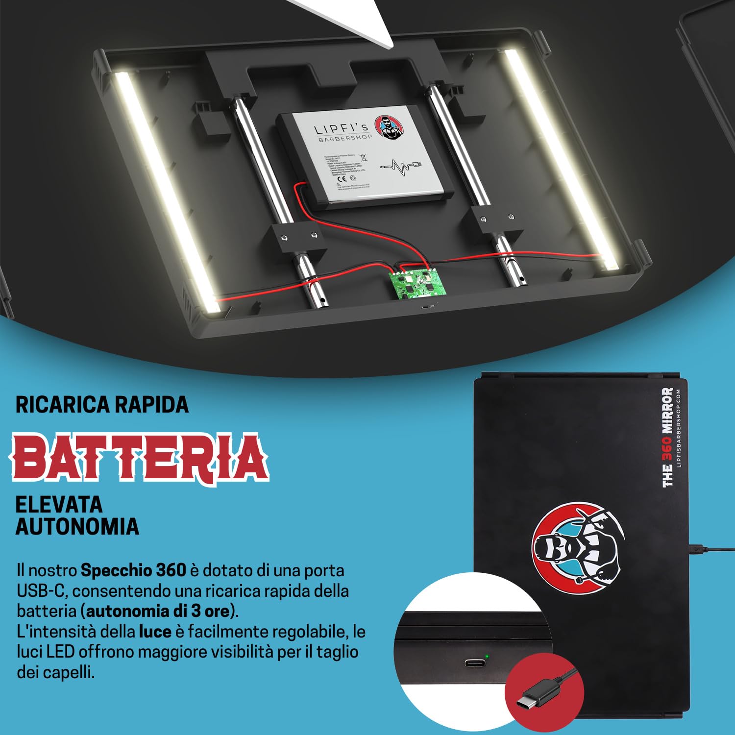 Specchio da taglio a 360 gradi - Altezza regolabile con ganci - Specchio pieghevole a 3 lati - Spechio da barbiere - Specchi da parrucchiere per uomo - Specchioo trittico da barbiere (I Con LED I)