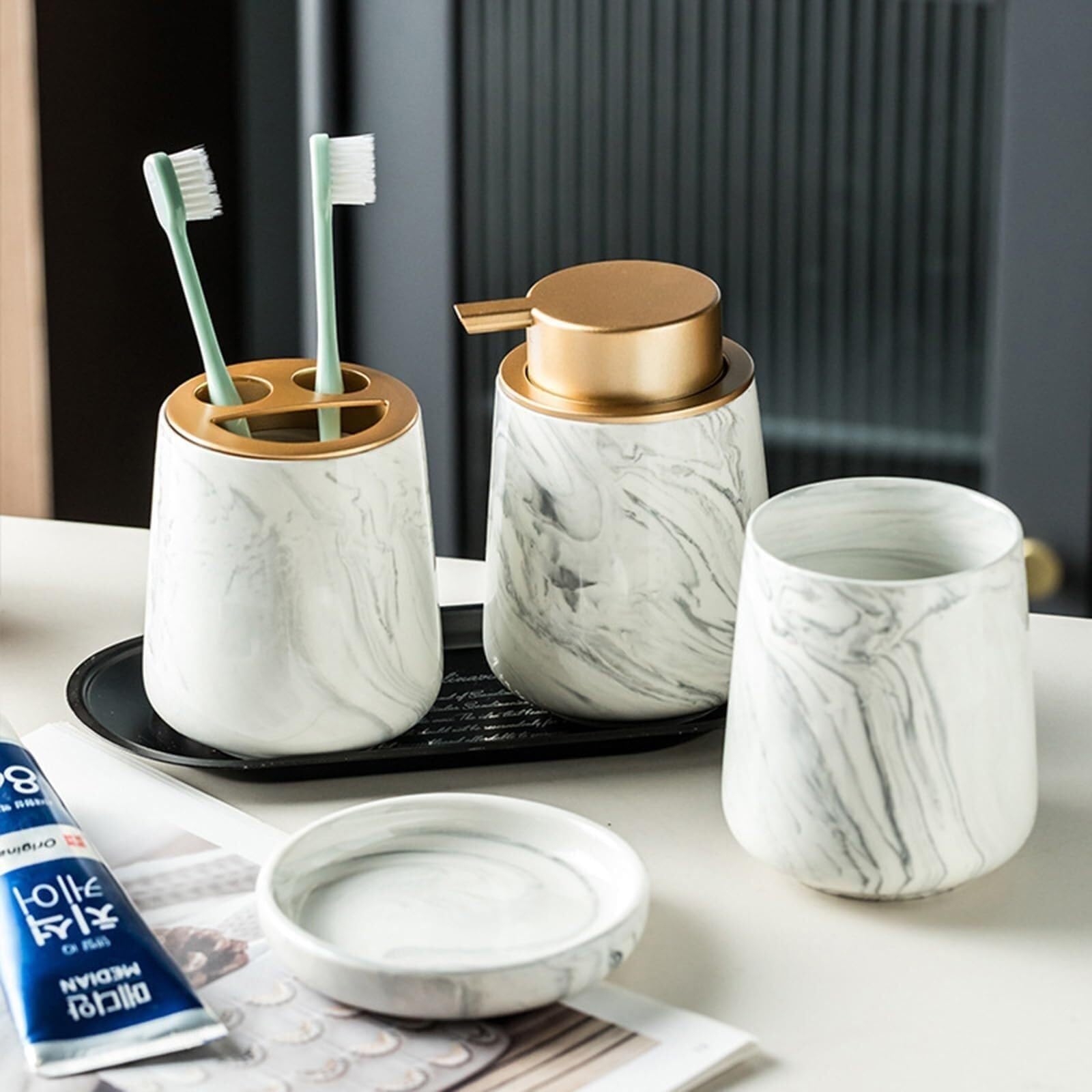 Set di accessori per il bagno Set dispenser di sapone effetto marmo 4 pezzi, bicchiere for spazzolino da denti, portaspazzolino in ceramica Arredamento per gli affittuari(Gray 3)