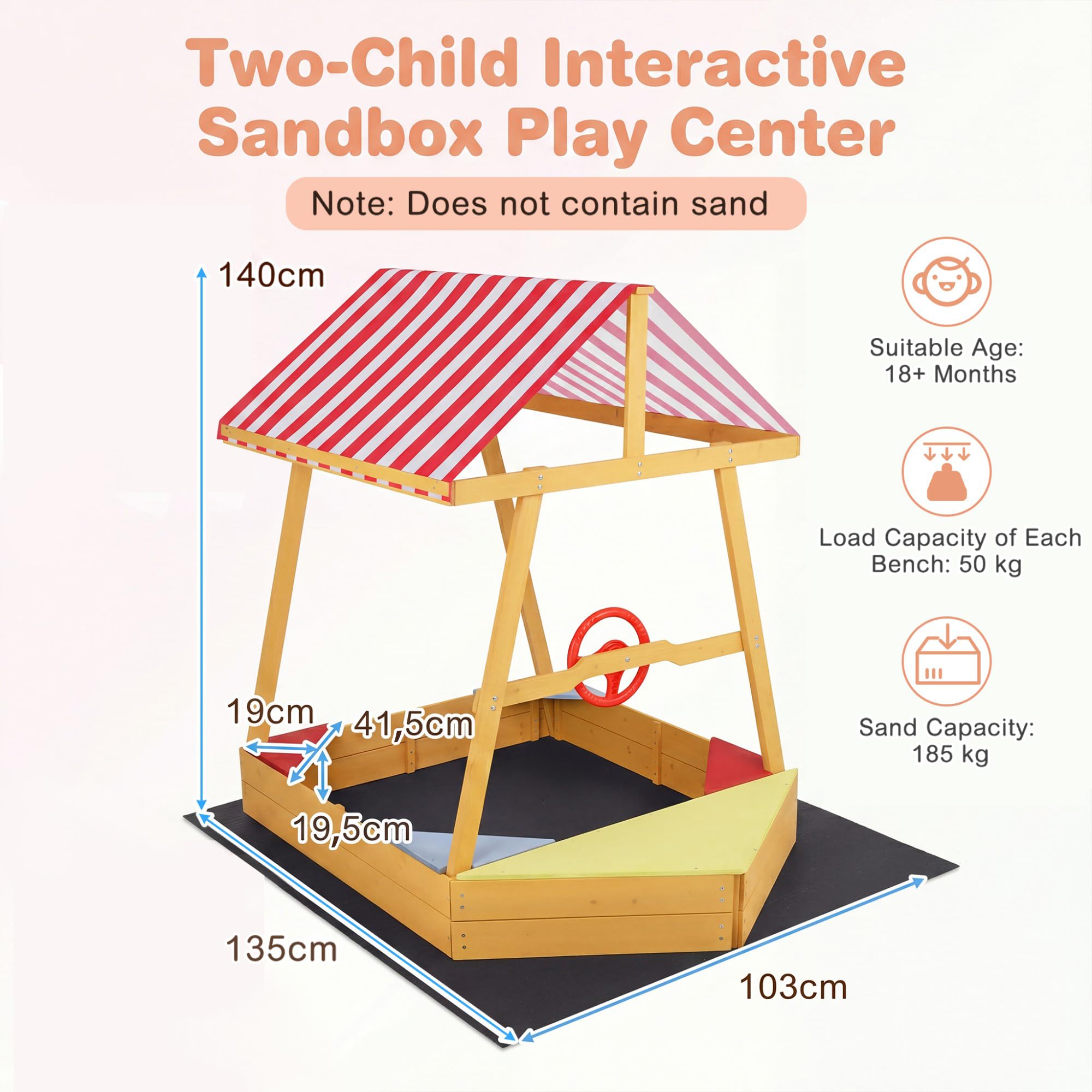 HOMASIS Bac à Sable en Bois pour Enfants, Jeu Extérieur en Forme Bateau avec Toit Oxford, Volant Pivotant, 4 Sièges d’Angle, Tapis de Sol, Fond Ouvert pour Drainage,103 x 135 x 140 cm, 18 Mois+