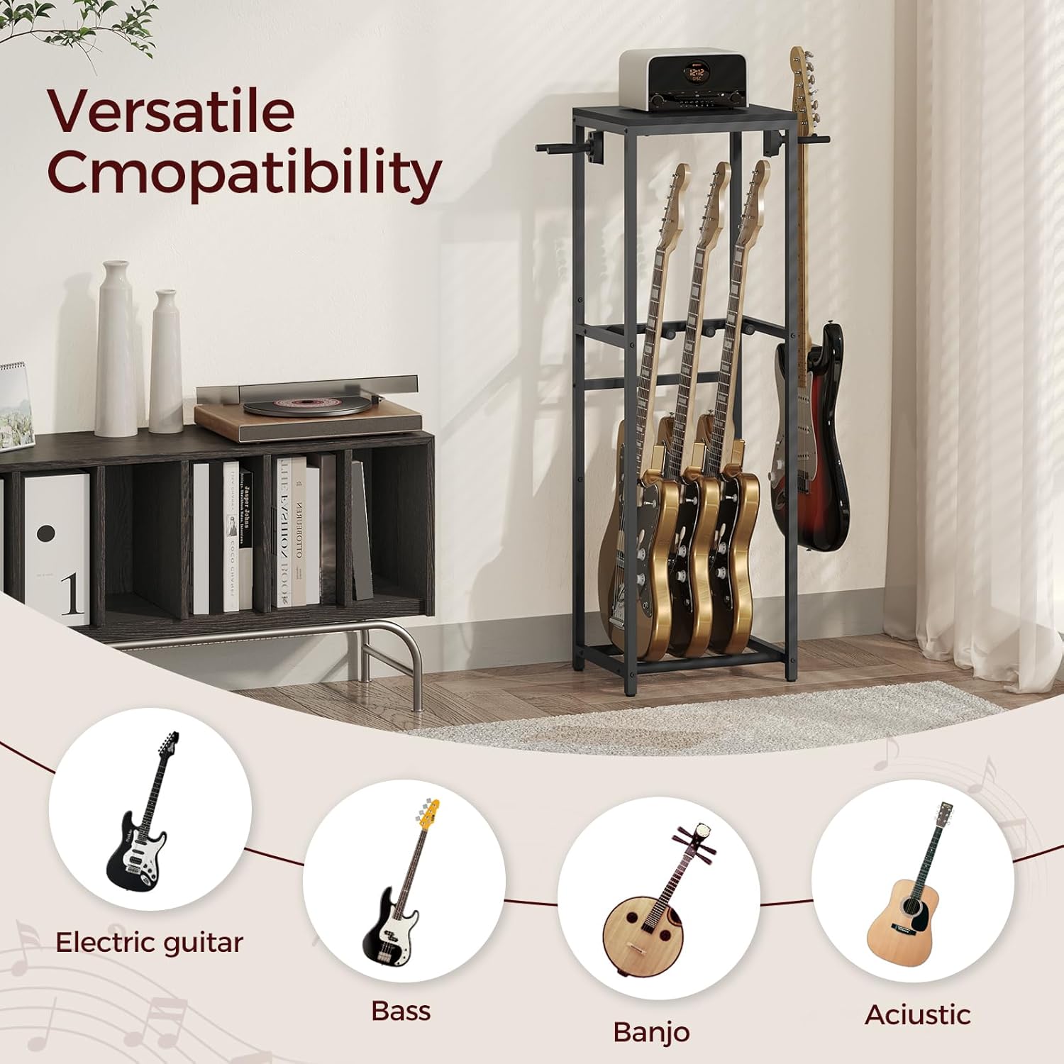 MAHANCRIS Guitar Stand, Guitar Rack for Acoustic Holder, Electric Guitar, Bass, Multiple Guitar Rack Holder for 3 Guitars, Guitar Amp Accessories, for Home Music Studio, Black GSBK6301