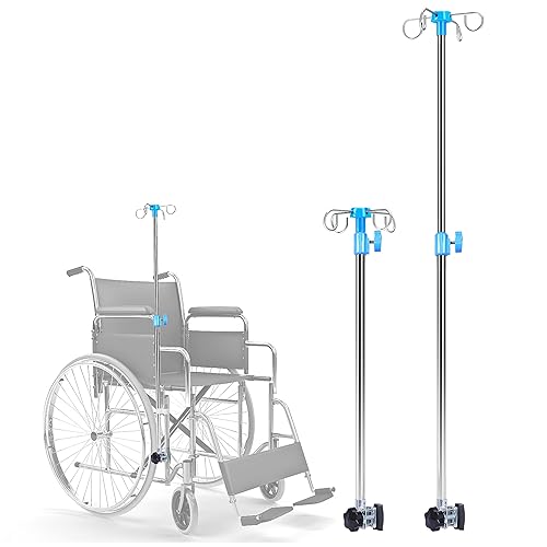 Bastones IV para soporte de infusión de silla de ruedas, 4 ganchos reforzados y base de metal sólido, soporte portátil para silla de ruedas