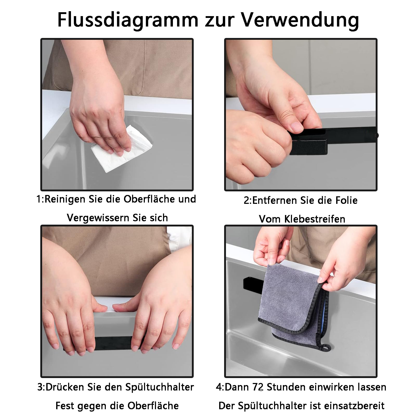 Handtuchhalter, Schwammhalter Spülbecken, Mit 2 Edelstahl Spülbecken Schwarz, Spültuchhalter ohne Bohren, Lappenhalter Spülbecken, für Bad, Spüllappen, Küchenaccessoires