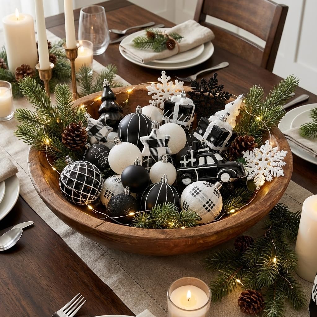 Valery Madelyn Christmas Tree Ornaments Set, 70ct Black and White Shatterproof Christmas Tree Decorations Bulk, Variety Modern Decorative Hanging Ball Ornaments for Xmas Trees Holiday Decor