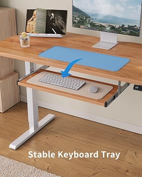 FEZIBO Electric Standing Desk with Keyboard Tray, 140 x 60 cm Height Adjustable Sit Stand Desk with Memory Presets and Anti-Collision, Home Office Computer Desk, White Frame/Light Rustic Top