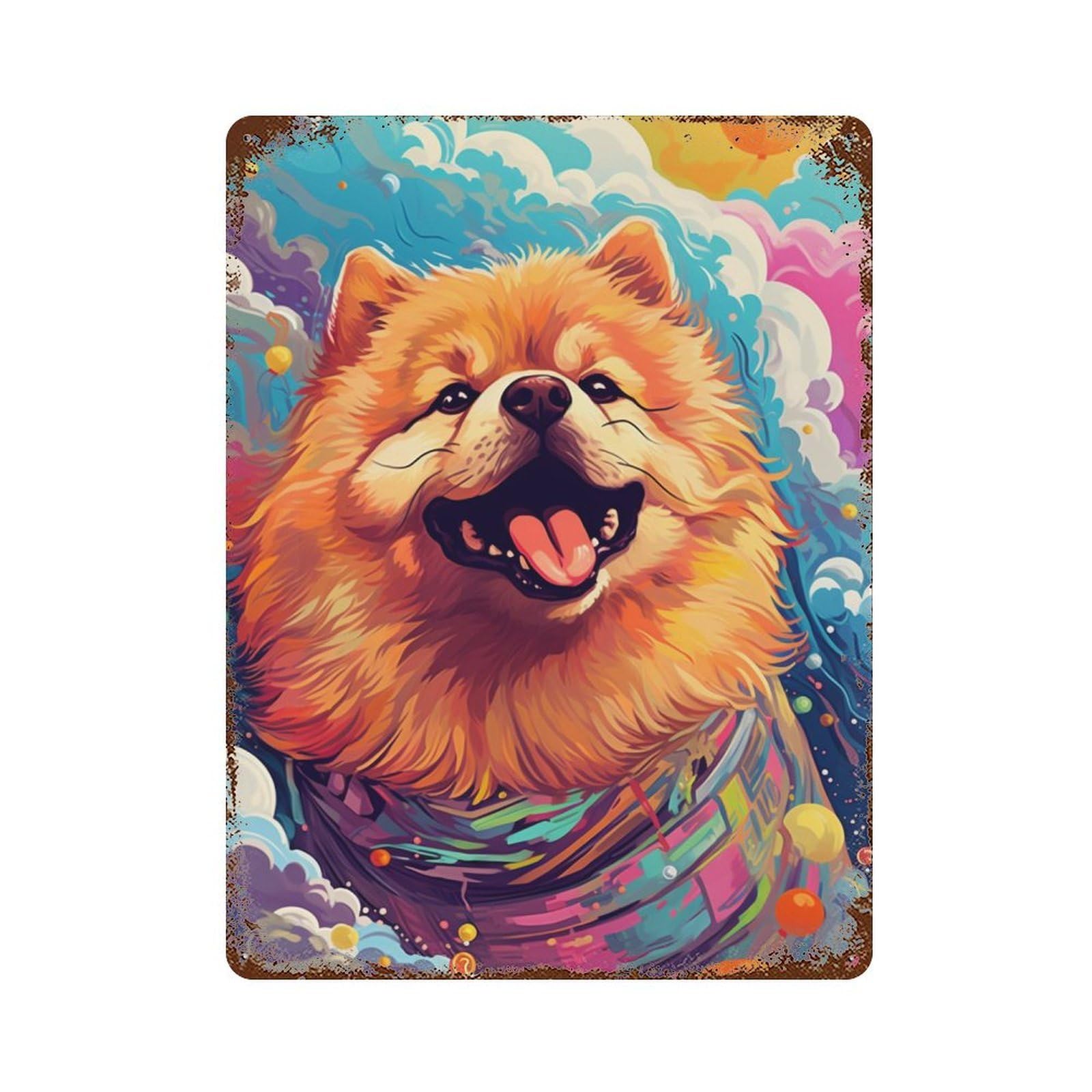 Rust Effect Colorful Pomeranian Art Print Retro Metal Sign 15.7"x11.8", Novelty Wall Decor for Bistro, Counter And Cafe Decor