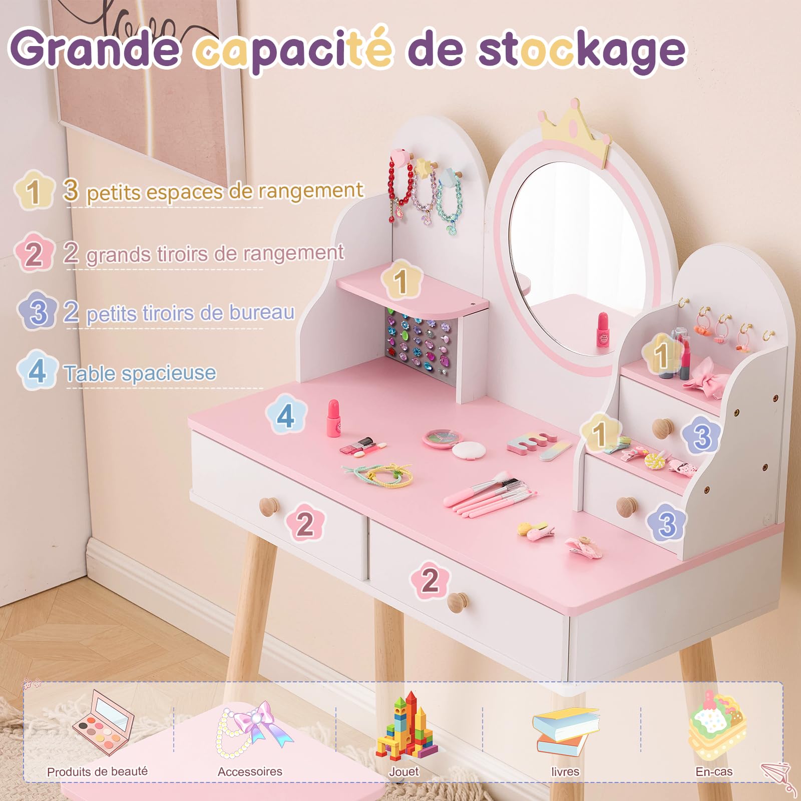 LALAHO Coiffeuse pour Enfants，Coiffeuse Fille avec Tabouret，4 Tiroirs en Bois, Crochets à Bijoux，pour Les 4-9 Ans (Blanc & Rose)