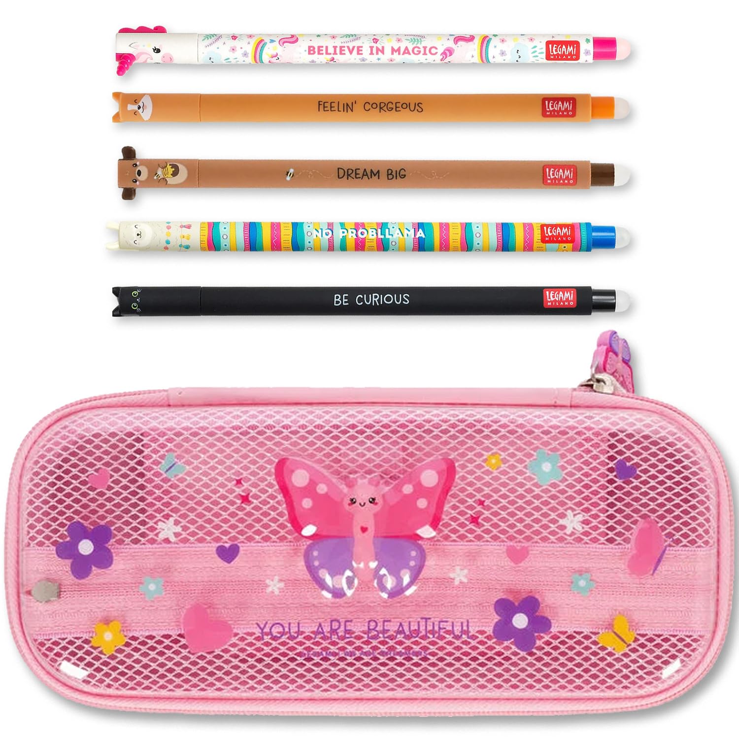 LEGAMI WonderWow Pencil Case & Erasable Pen | Set of 5 Cute Animal Pens with Thermosensitive Ink + 2-Compartment Pencil Case | Back to School Supplies for Girls, Boys, Kids# (Butterfly) โ image 1