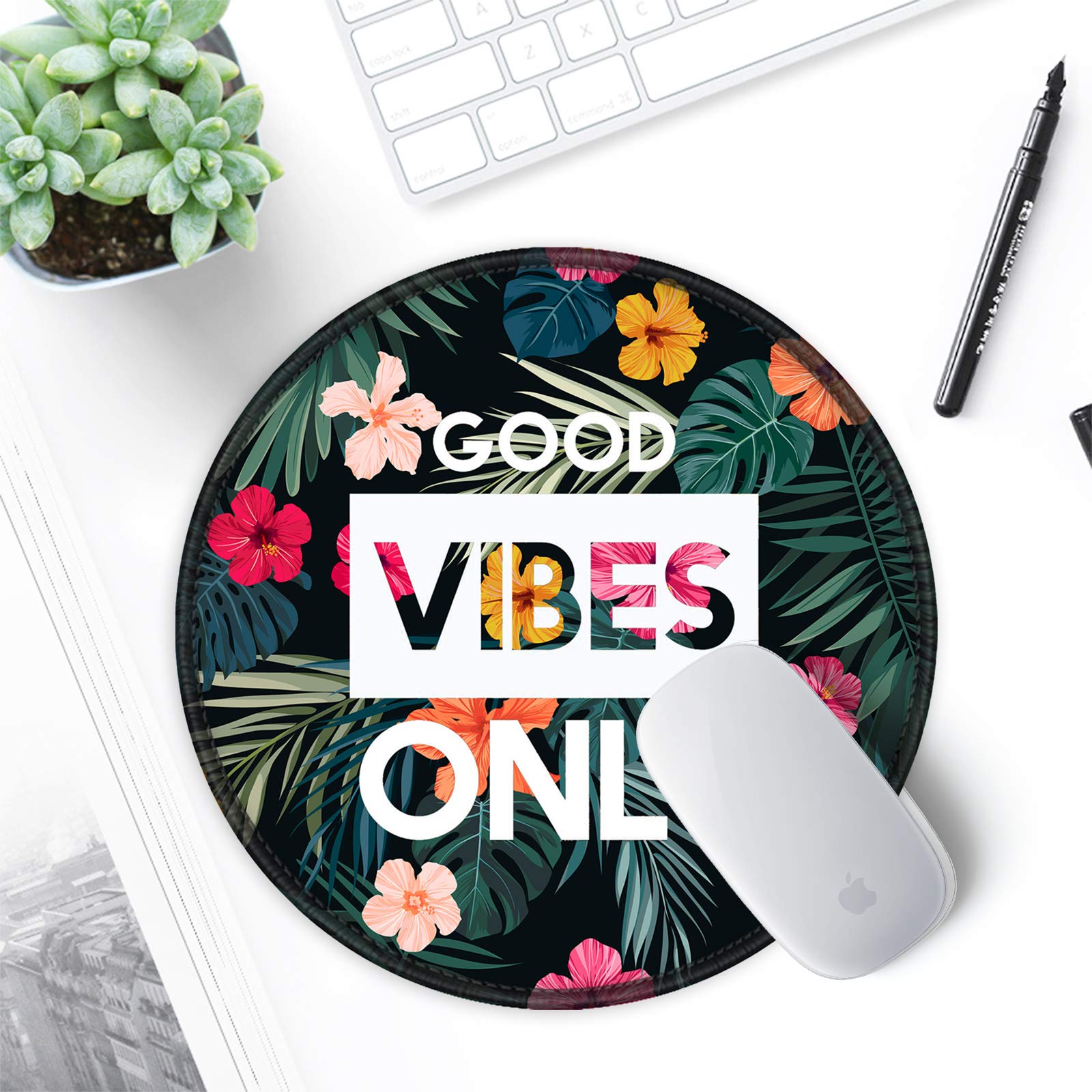 ITNRSIIET Tapis de Souris Rond, Mouse Pad pour Ordinateur PC Bureau Portable, Étanche Surface Lisse, Base Antidérapante en Caoutchouc, avec Bord Cousu, Fleur Good Vibes Seulement - 3