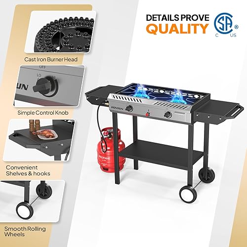 Miniatura 2 de ROVSUN Estufa de propano de 2 quemadores con encendido automático, estufa de gas de 150,000 BTU con estantes laterales, ruedas giratorias y