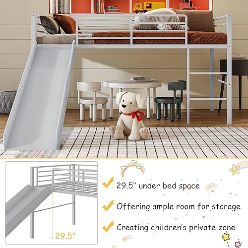 Miniatura 5 de Giantex Cama alta individual con tobogán, litera baja de metal con barandillas de seguridad y escalera integrada, marco de suelo de cama infantil