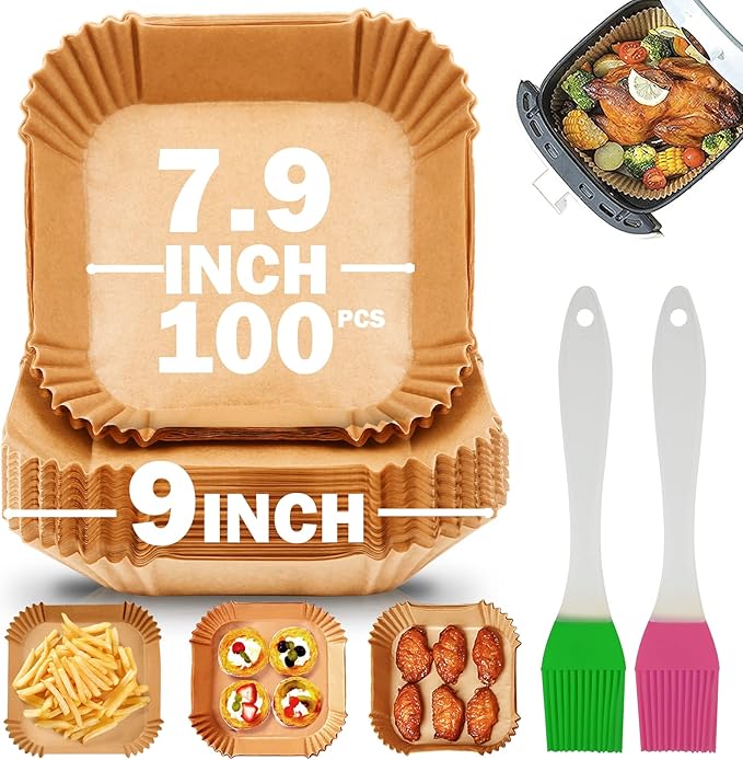 YOGINGO 100 Pcs Air Fryer Liners Disposable with 2 Silicone Brushes
