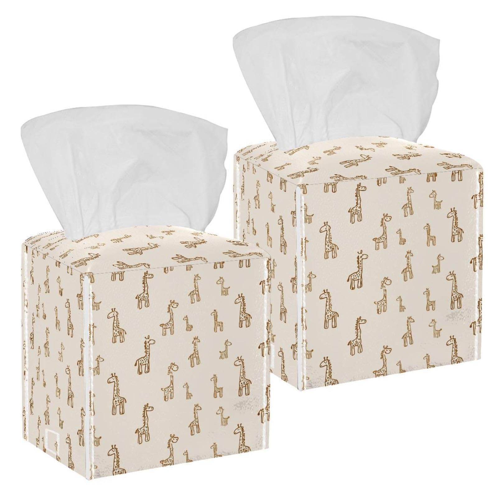 Giraffe Tissue Box Cover, 2 Pack PU Leather Square Facial Tissue Dispenser Box holder for Home Office Car