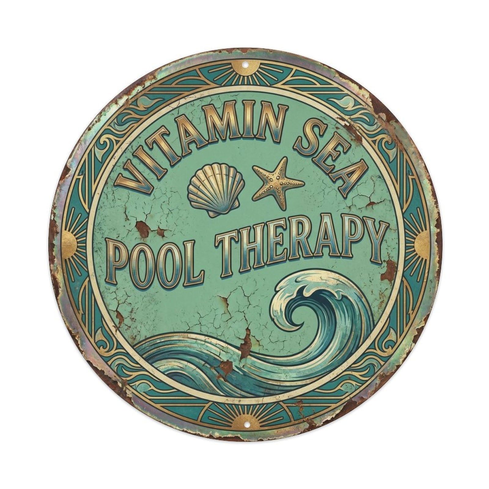 Sea Breeze Wellness Pool Therapy Vintage Summer Shoreline Beach Metal Tin Sign Plaque Wall Decor for Cafe, Man Cave, Club Bar, Office, Home Garden Round Metal Poster 8x8Inch