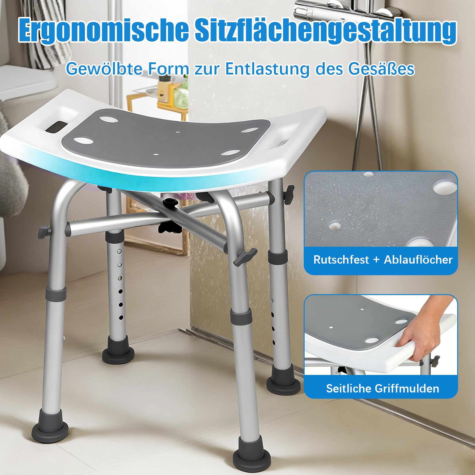 Duschhocker 180kg Höhenverstellbar 37-50cm Werkzeugfrei Montage rutschfest Stabil für Schmale Wannen - Senioren, Behinderte, Sicherer Sitz（Grau）