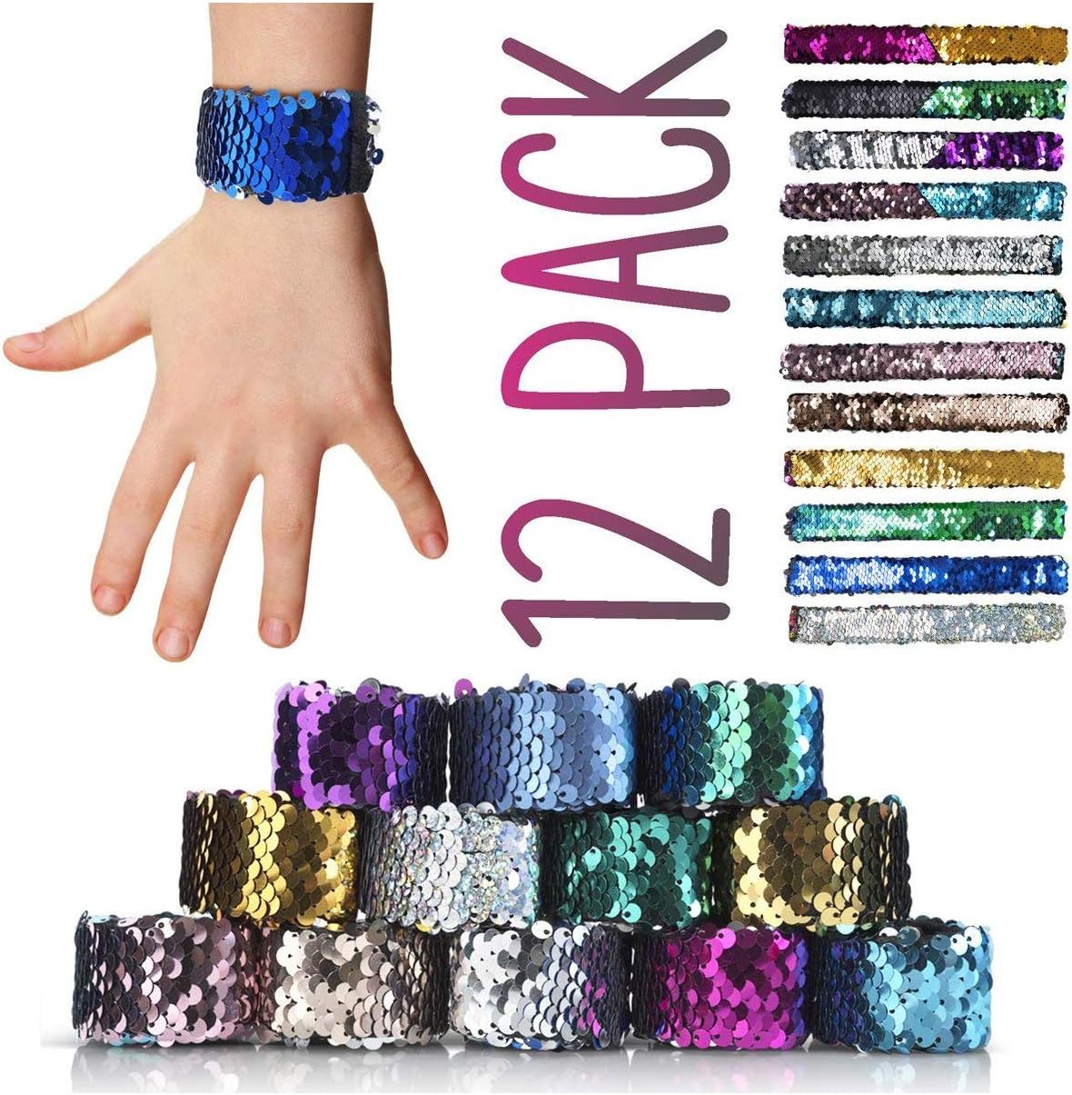 Mermaid Slap Bracelet 12 Pack for Birthday Party Favors Christmas Gifts, Two-color Decorative Reversible Charm Sequins Flip Wristband Bracelet for Kids,Girls,Boys,Women