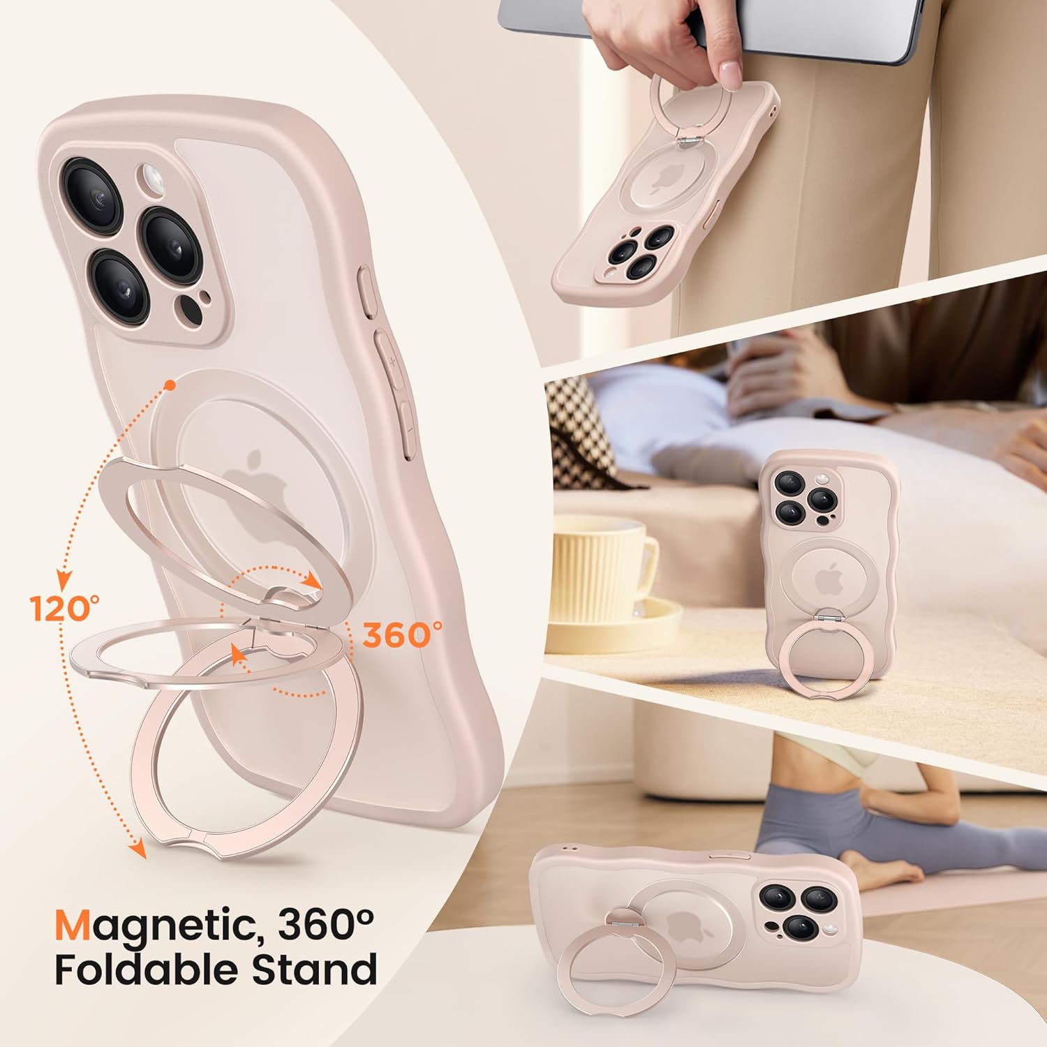 CAPRARO for iPhone 15 Pro Max Case with 360° Spin Magnetic Stand for Women, [Compatible with MagSafe] [Full Camera Protection] Cute Wave Translucent Matte Case for iPhone 15 Pro Max, Rose Gold - Image 5