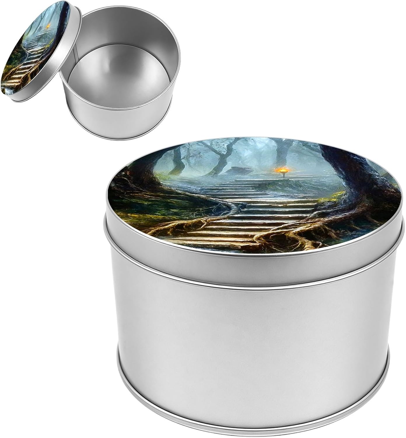 Decorative Round Metal Tin Box, Mystic Forest Stairs by Stream Small Storage Container with Lid for Jewelry, Candy, Crafts & Travel, 3.54"x2.36" Aesthetic Keepsake Gift Box