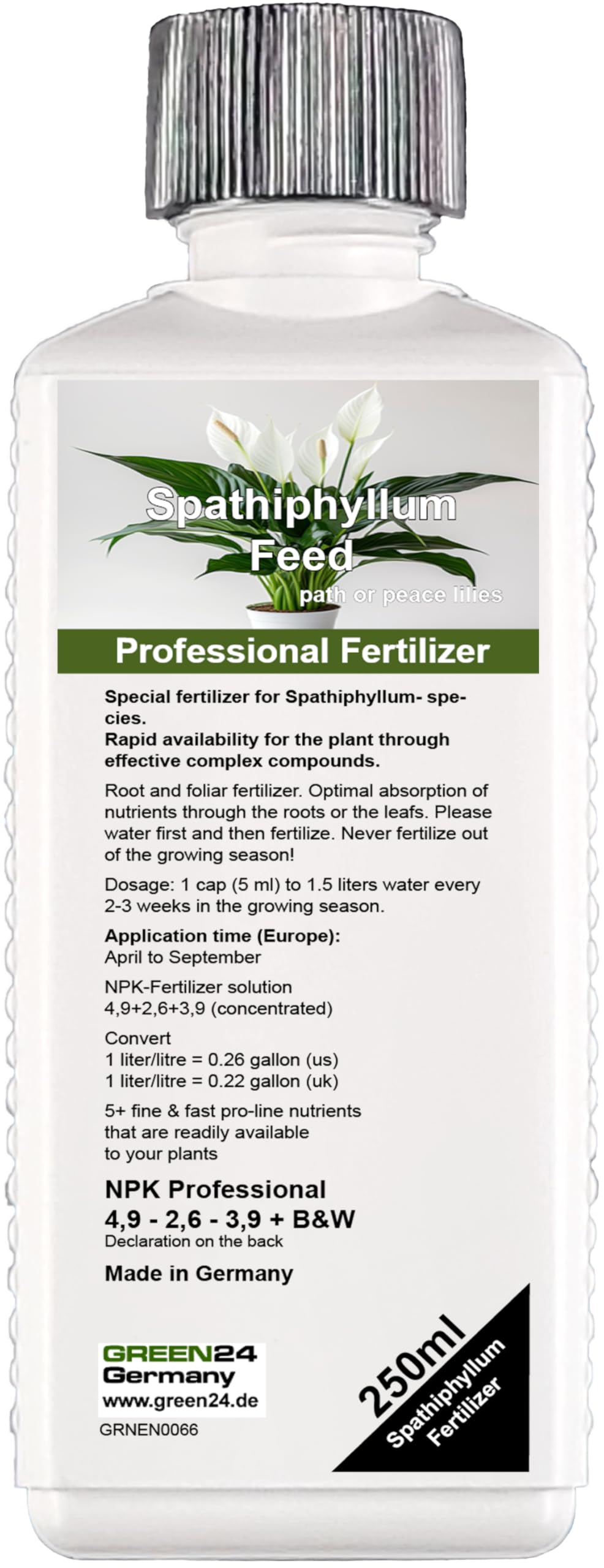 Green24 Special fertilizer for peace lilies Spathiphyllum- species. Rapid availability for the plant through effective complex compounds. 250ml