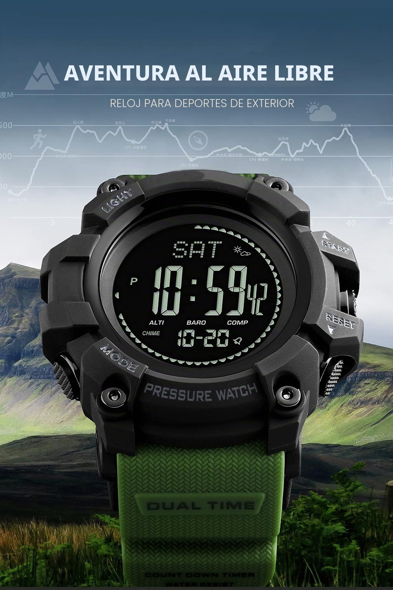 findtime Relojes deportivos ABC para hombre, altímetro, barómetro, brújula, podómetro, cuenta regresiva, presión, pronóstico del tiempo, cronómetro, contador de calorías, cronómetro, reloj digital