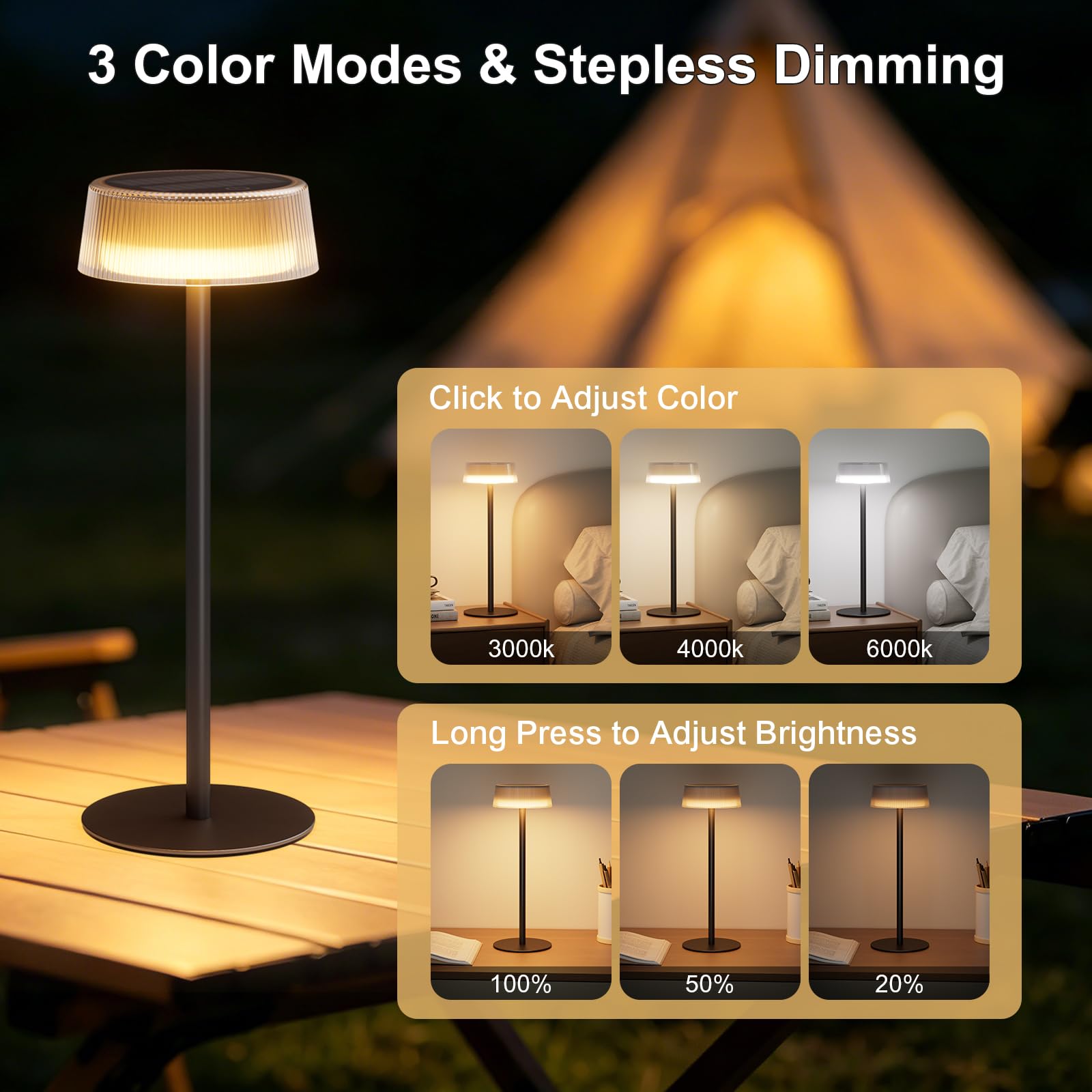 Led Solar Tischlampe Kabellos Outdoor Touch Dimmbar Akku Tischleuchte IP65 Wasserdicht 2 Stück