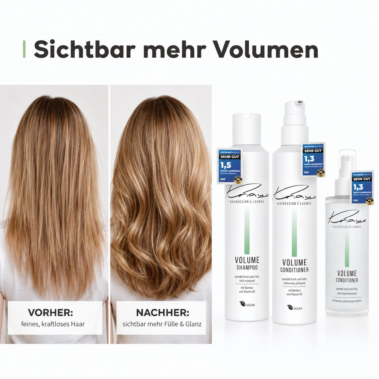 Knaus Volume Set 3-teilig - Friseur Shampoo Conditioner und Energy Spray mit Bambus, Vitamin B5 und Keratin für feines Haar, gegen kraftloses dünnes Haar, vegan, 2x200ml plus 100ml