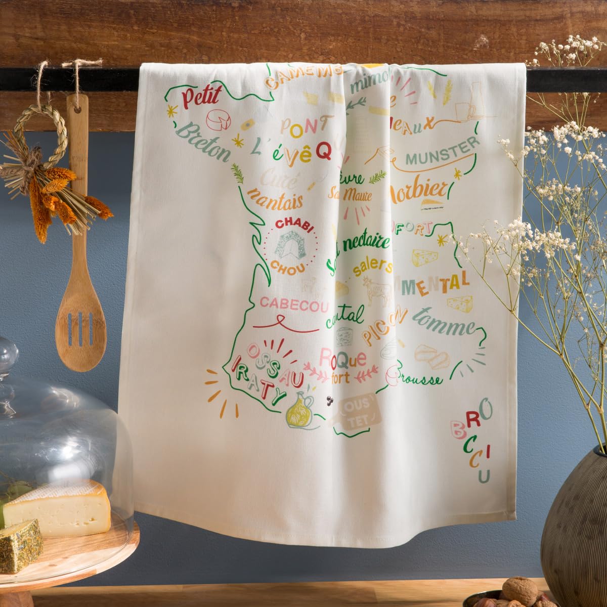 Torchon Coton Imprimé Coucke - Motif Fromages De France - 50x75cm - Très Absorbant Et Lavable