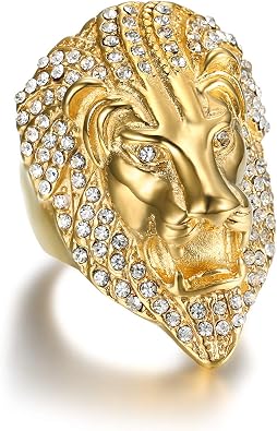 18K Gold plated Roaring Lion King Stainless Steel Hip Hop Ring For Men, Rock Punk Style Gothic Biker Leo Viking Animal Jewelry Gift