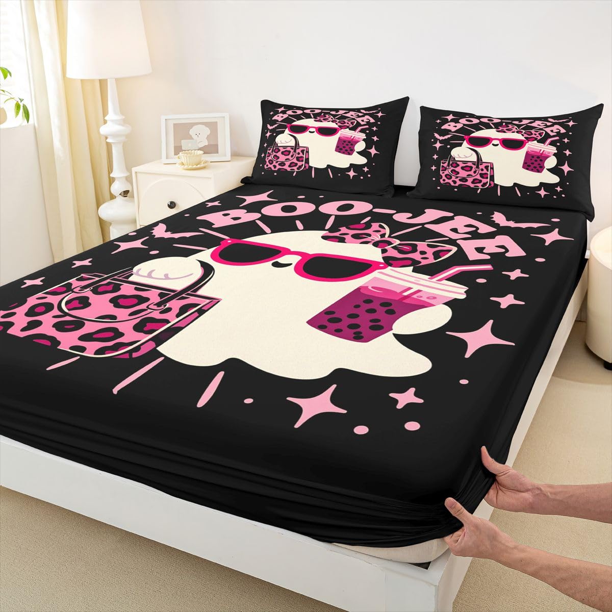 Homewish Sábana bajera ajustable tamaño king con diseño de fantasmas de