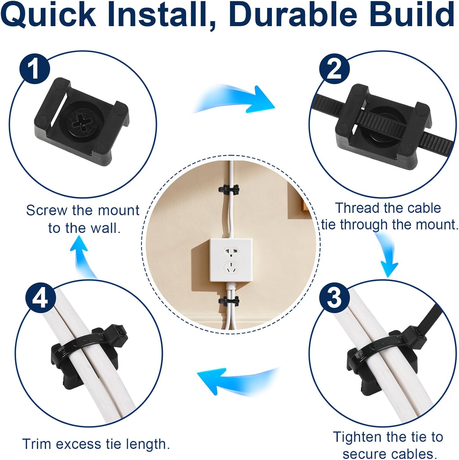 Premium Cable Zip Tie Mounts Kit - 60 Pas Wire Manament Holder & Cable