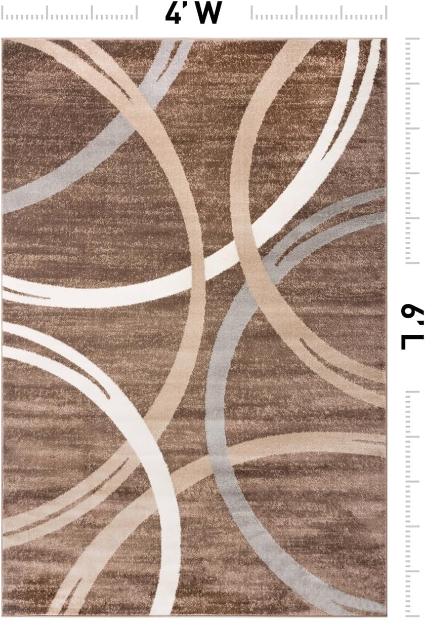 Rugshop Modern Wavy Circles Design Area Rug, Carpet with Jute Backing for Bedroom, Office, or Entryway, Brown, 4' x 6'