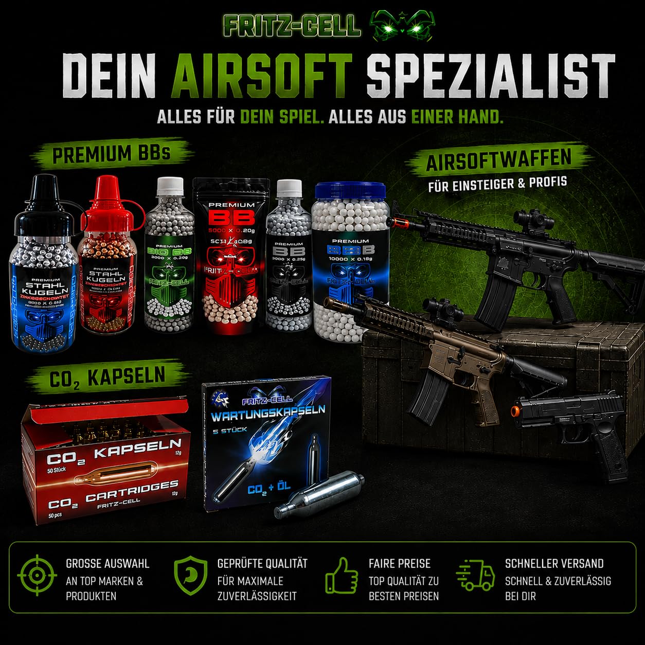 Fritz-Cell Set Airsoft Gewehr M82 140 cm Softair Waffe 0,5 Joule 6 mm inkl. Zweibein, Zielfernrohr, 500 Premium BB's 0,20g Munition FC31CD Dark Earth
