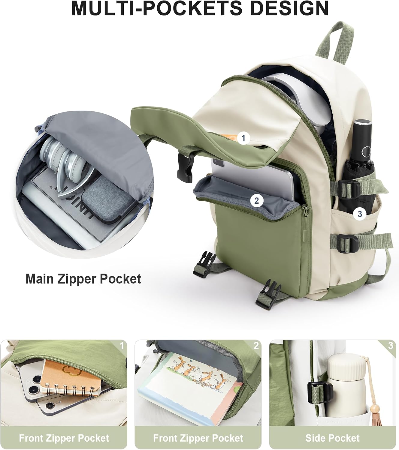 coowoz School Backpack Kids College Aesthetic Cute Backpack Lightweight Casual Daypack Laptop Backpacks Men Women Rucksack Sport High Middle School Bookbag for Girls Boys Gray Green white image 4