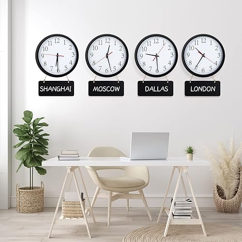 Miniatura 6 de 4 relojes de pared silenciosos de 10 pulgadas con pizarras y marcador, relojes redondos de múltiples zonas horarias a pilas para el hogar, cocina,