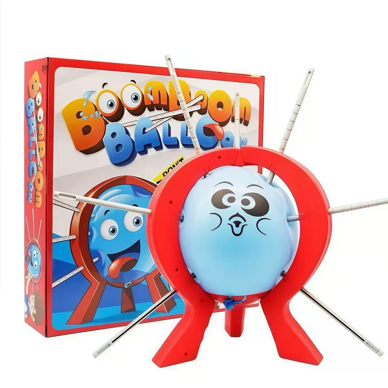 Balloon Blast - Juego de mesa divertido para la familia con 10 globos, 9 palos, dados, soporte, marco rojo