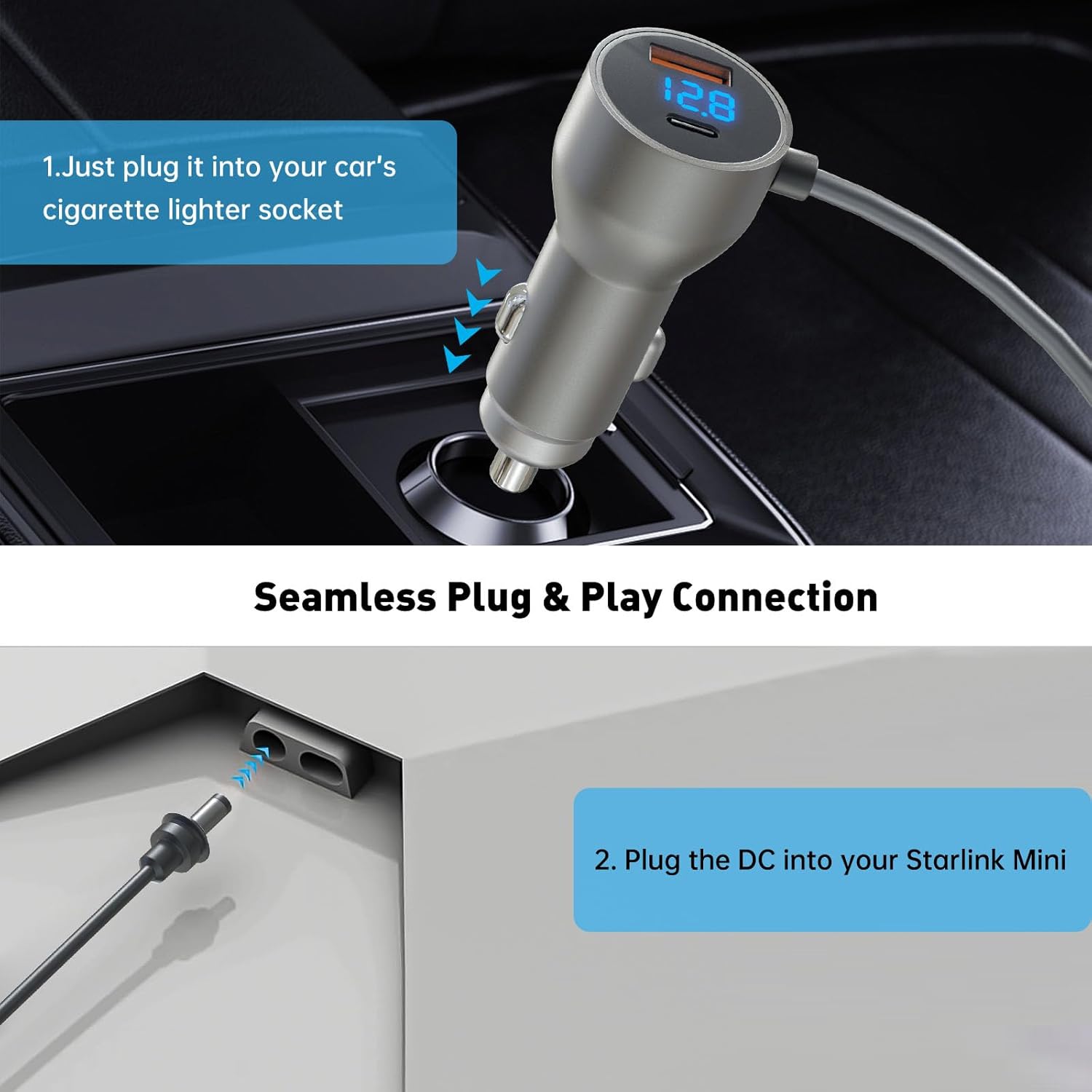 3 in 1 Starlink Mini Car Adapter 10Ft, 12V-24V Cigarette Lighter Adapter with USB C/USB A 30W Ports, Starlink Mini Accessory for Trucks, RVs, Boats, Cars