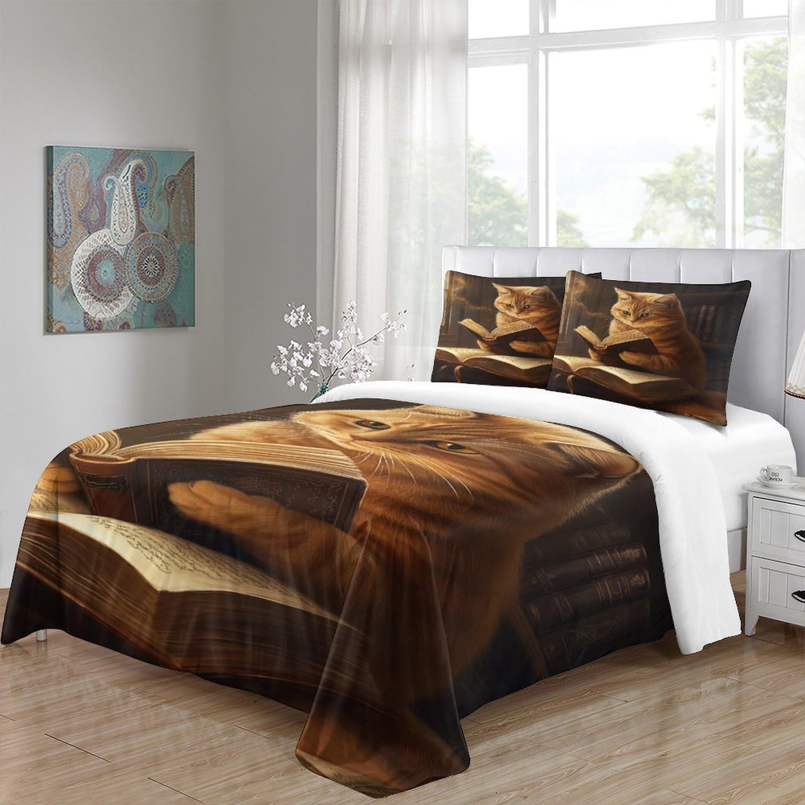 Leggere la fantasia dei gatti Impressione 3D 3 pz fodera per edredone Libresco felino capriccioso coperteletto microfibra ipoallergenica antiacari per bambini ragazze donne Double（200x200cm）