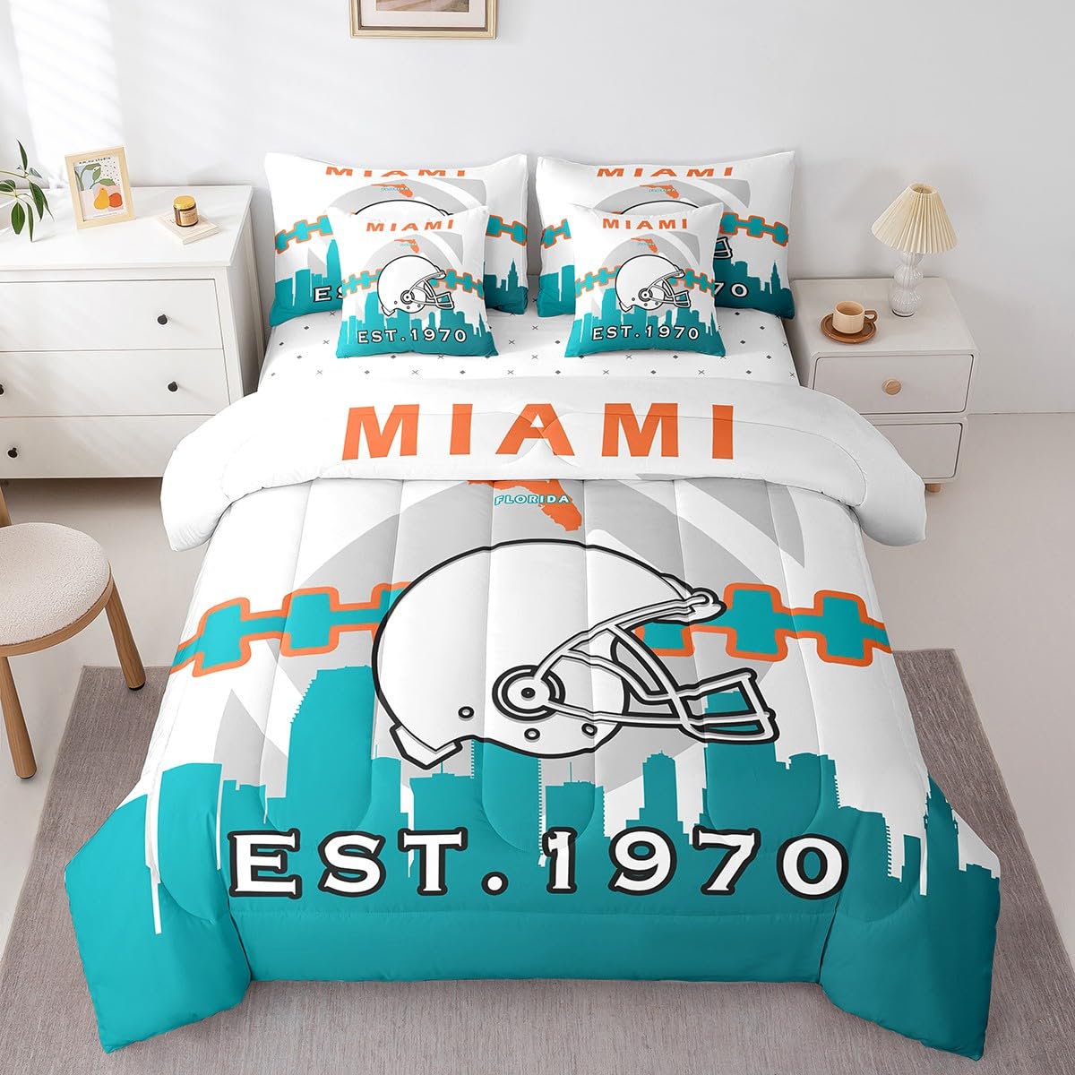 Erosebridal 7 Pcs Comforter Set Queen Size,Boys Football Bed in a Bag with Flat Sheet and Fitted Sheet for Kids and Adults,Football Bedding Set with Pillowcases and Cushion Cases(Miami)