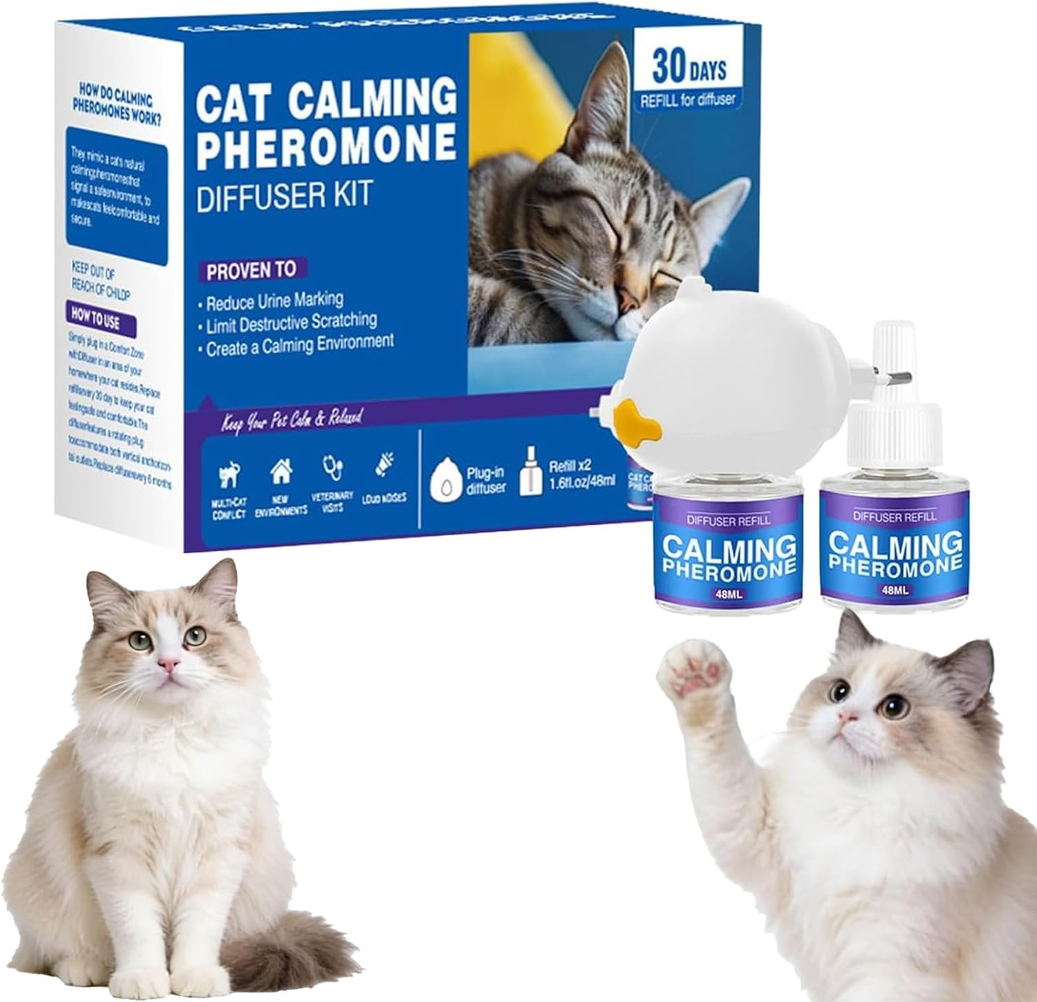 Petwellness Diffuseur Chat, 2026 Nouveau Pet Wellness Diffuseur Chien Réducteur De Stress avec Recharges, Stop Aux Bagarres Et Aux Sifflements des Chats Fini Au Marquage Urinaire (2 Bouteilles)