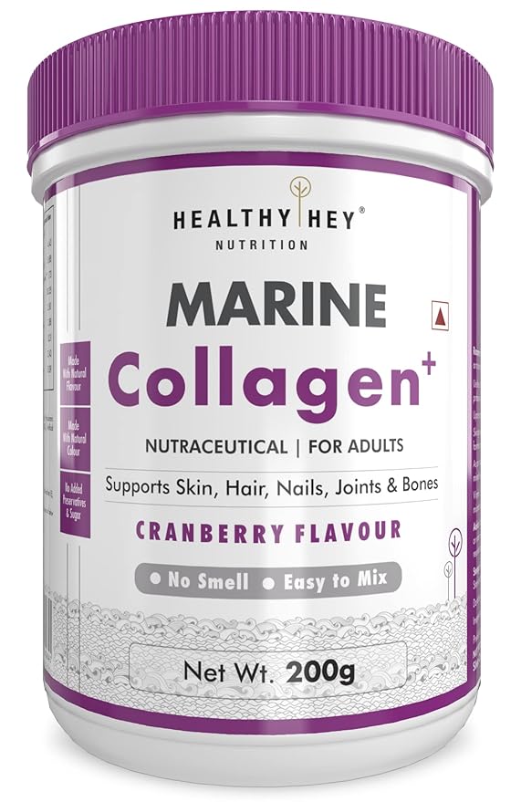 HealthyHey Marine Collagen Powder 200g - Hydrolyzed Marine Collagen Peptides | Type 1 Collagen Protein Supplement with Hyaluronic Acid | Amino Acids for Skin, Hair, Nails (Cranberry, 200g)