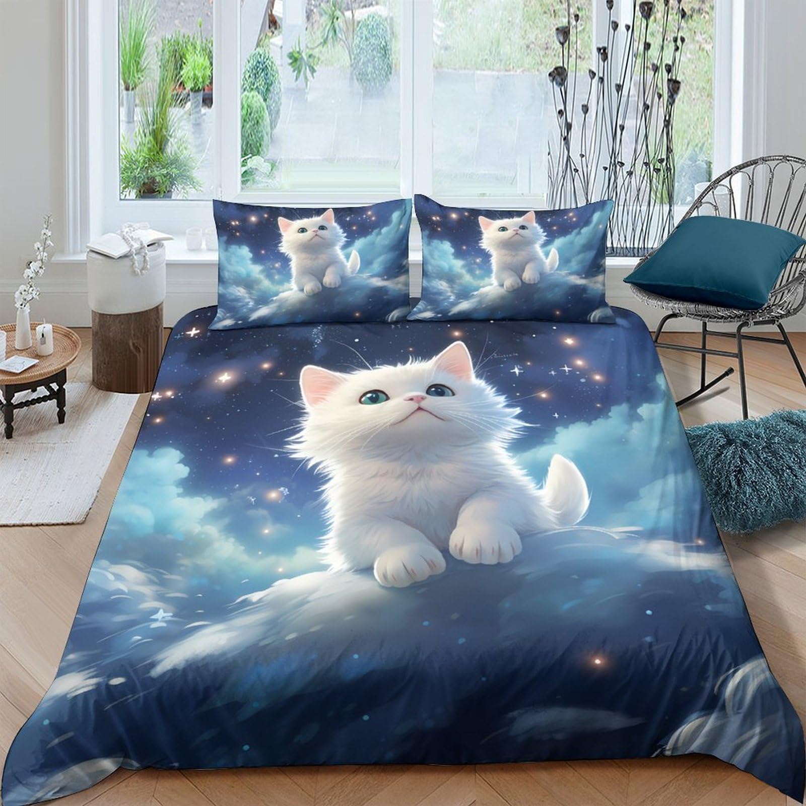 Ctjqhvkz Style-9 3D Printed White Cat Starry Sky Fitted Sheet Microfiber Soft Non-Slip Bed Cover Machine Washable For Bedroom Dorm Single（135X200cm）