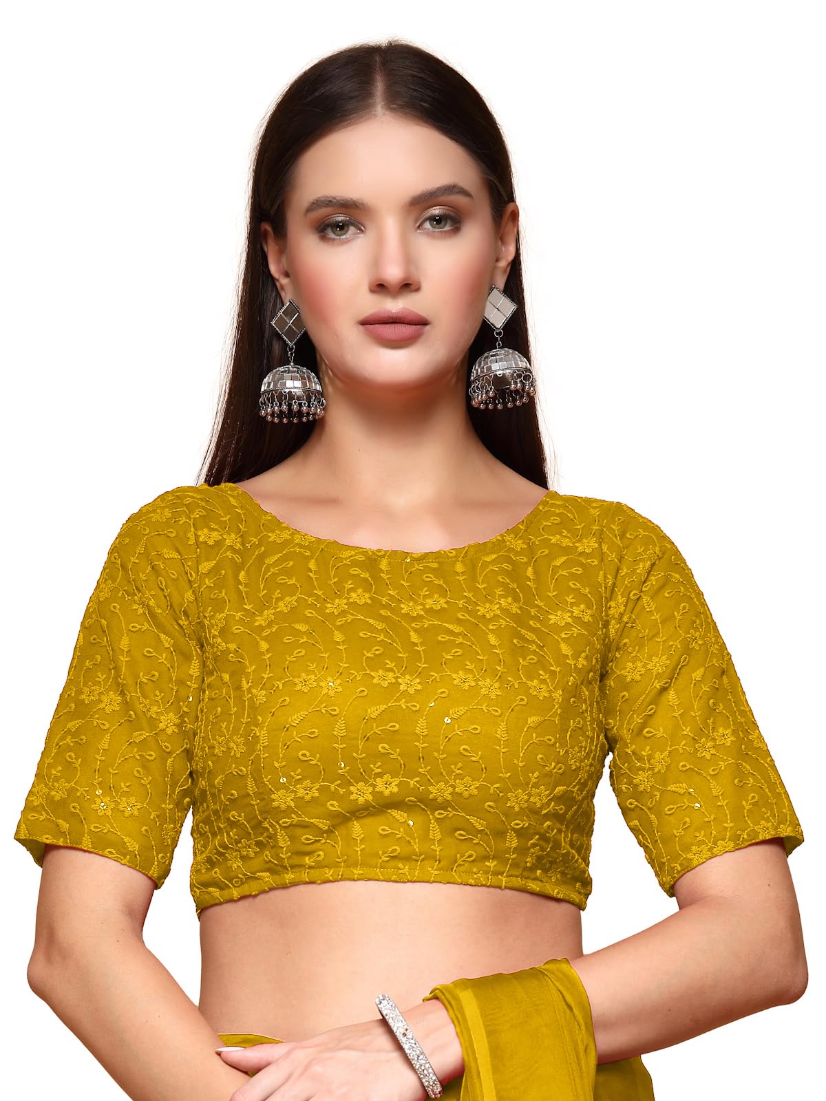 oomph! Traditional Ethnic Style Leaf Pattern Zari Work Readymade Brocade Sleeveless Round-Neck Blouse for Pairing with Sarees, lehengas, or Plazzo for Fusion wear-picture-43