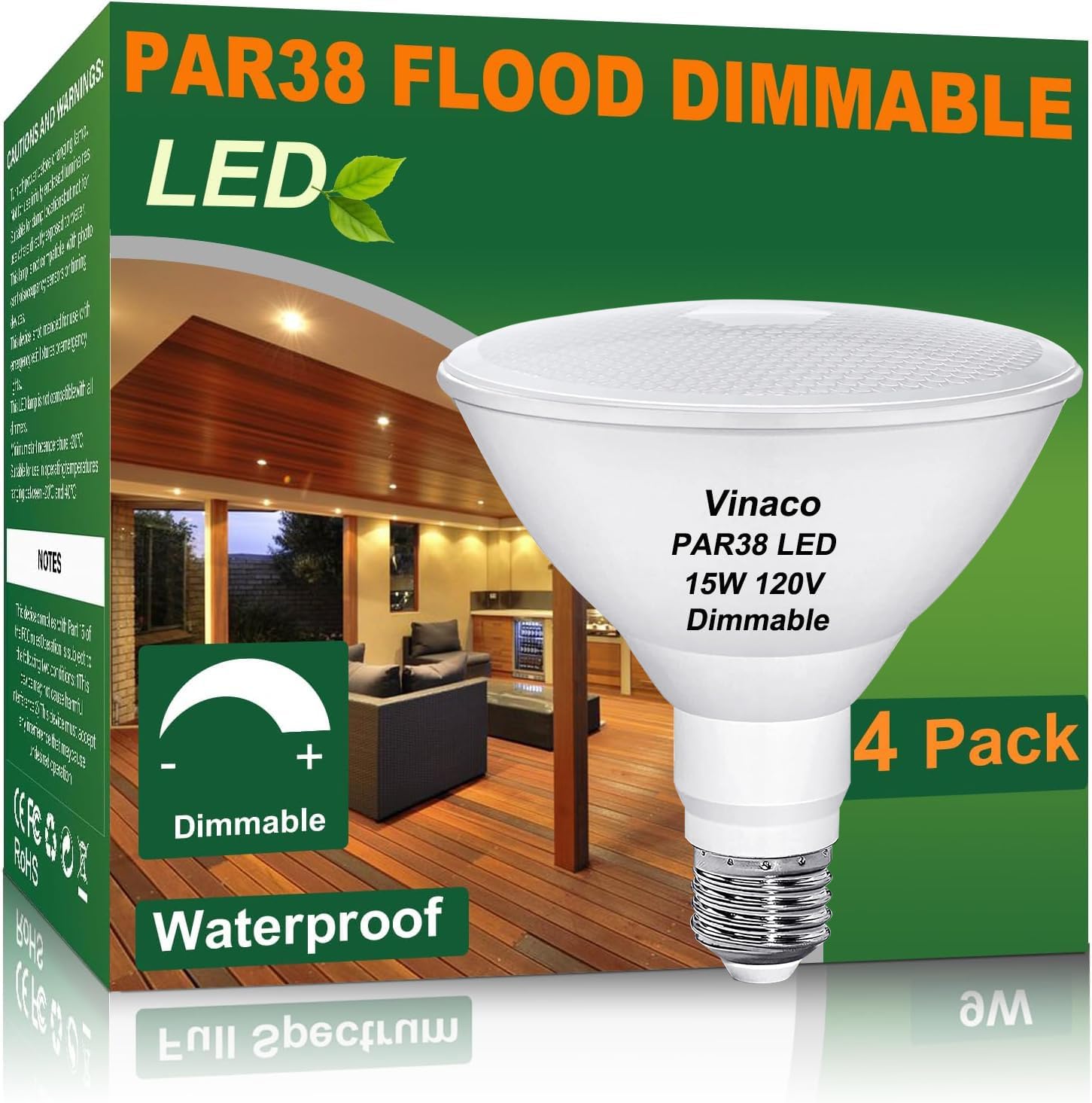 Vinaco PAR38 LED Flood Light Bulbs, 4 Pack 1300LM PAR38 Outdoor Flood Light Bulbs 15W, Equivalent 150W, 3000K Warm White Dimmable Waterproof No Flicker PAR 38 Bulb 120V, E26 Base for Indoor & Outdoor