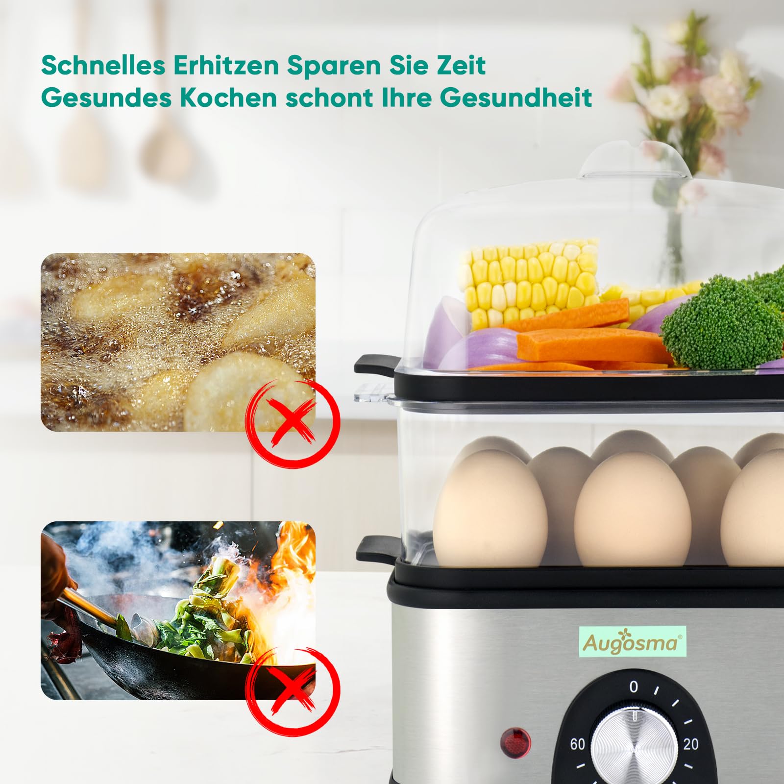 Vaporiera elettrica a 2 piani per cucinare, vaporiera multi-verdure con cestelli impilabili senza BPA, cuoci-uova rapido con spegnimento automatico, ideale per verdure, frutti di mare