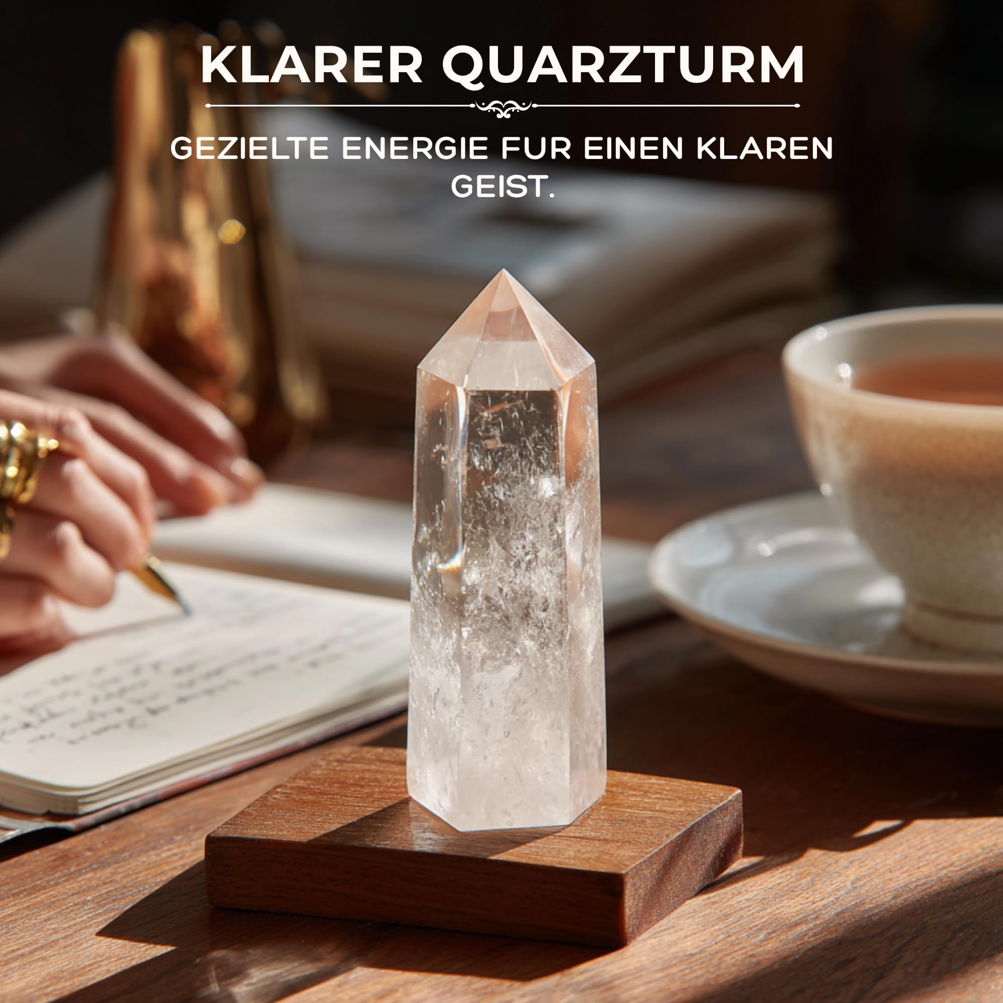 Anima Premium Bergkristall Set – Turm, Rohstein & Cluster in Eleganter Holzbox – Energieverstärker für Klarheit, Fokus & Heilung – Geschenk für Spirituelle Frauen mit Exklusiver Infokarte
