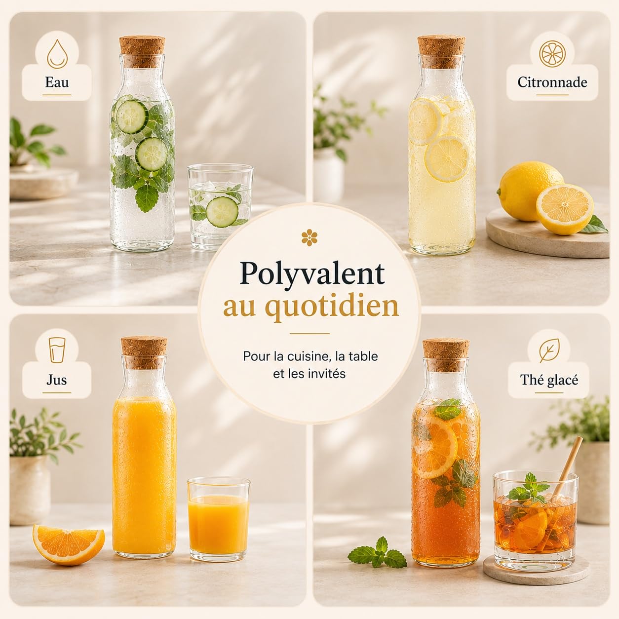 YAYODS Lot de 4 Carafe en Verre avec Bouchon en Liège 1,2L, Pichet en Verre Borosilicate pour Mimosa Bar, Jus, Bouteille d'Eau Élégante pour Réception, Fête, Mariage et Réfrigérateur